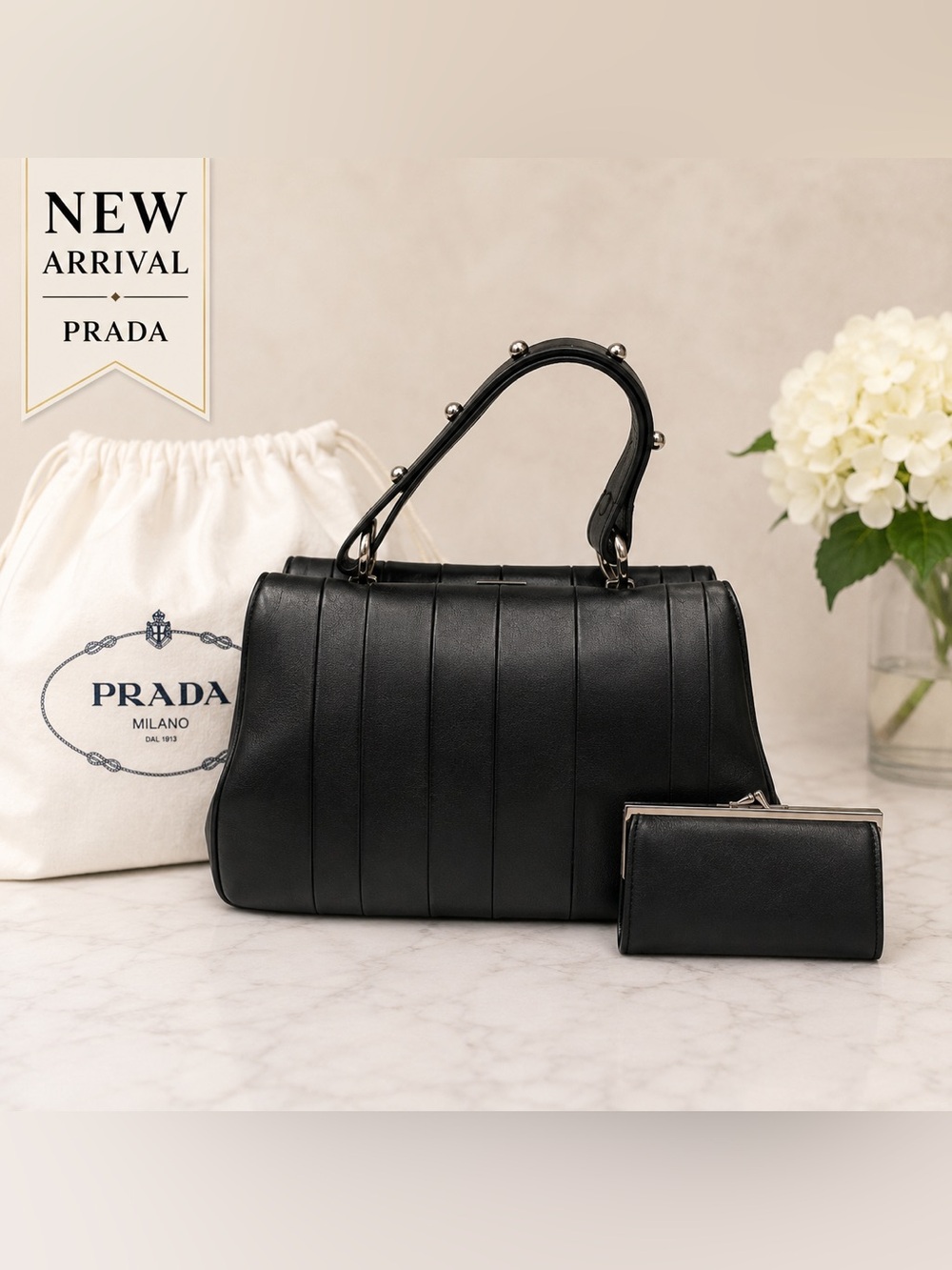 🆕🖤 Black Leather Top Handle Bag with Matching Wallet